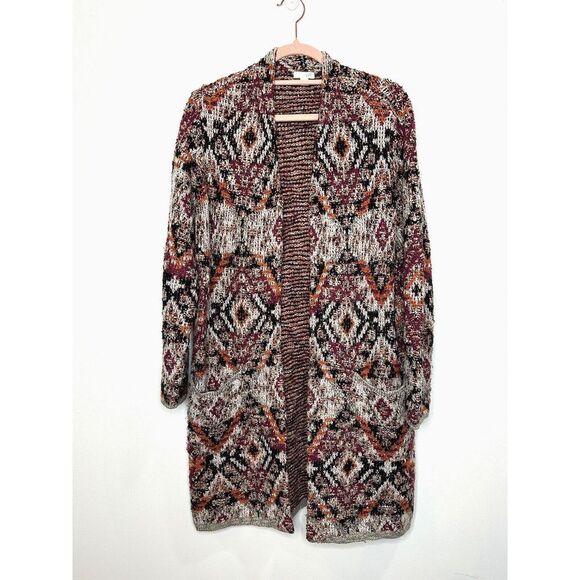 J Jill Cardigan Sweater Small Open Chunky Aztec Long Duster Southwest Boho Triba - Picture 1 of 6